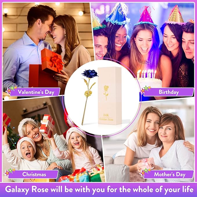 Christmas Flowers Gifts for Women, Mom Birthday Gifts for Christmas, Galaxy Glass Rose Forever Preserved Flowers Eternal Crystal Roses Xmas Gifts for Grandma Wife Sister Her Friends, Blue