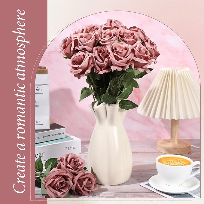 Hotop 20 Pcs Artificial Rose Flowers with Long Stem,Real Touch Silk Realistic Plastic Bouquet Roses Bulk for Home Decor Bridal Wedding Party Table Centerpieces Decorations(Dusty)