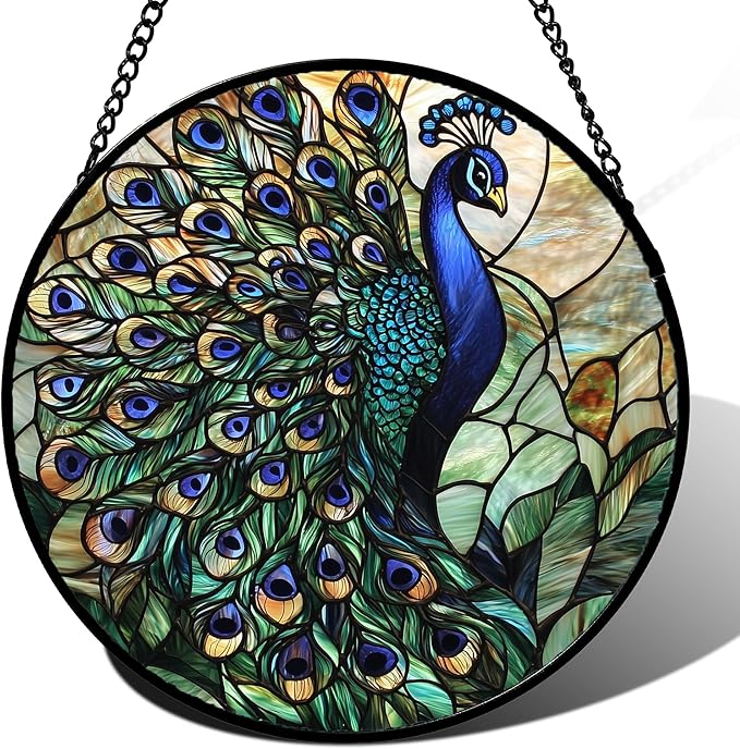 Stained Glass Window Hanging, Blue Green Peacock Decor Suncatcher for Door Garden Home Decoration Bird Sun Catchers Christmas Mother's Day Birthday Gifts for Women Men Mom Nana Friend 6.3 in