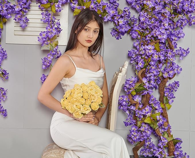 Rose Artificial Flower 28pcs Realistic Faux Silk Roses Fake Flowers Bouquets Arrangements Decor for Wedding Spring Mother's Day, Home Table Decorations, Yellow Flower