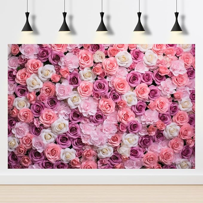 Pink Red Roses Backdrop Flowers Floral Wall Photography Background Baby Shower Wedding Birthday Party Banner Anniversary Decorations Girls Children Adults Portrait Video Studio Prop 5x4ft