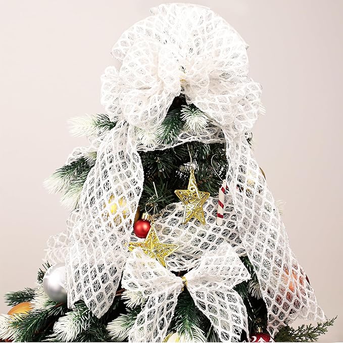 VATIN 2-1/2" White Christmas Ribbon, White Glitter Mesh Diamond Web Sequin Dots Wired Christmas Ribbon for Gift Wrapping Bow Making Wreath Supply-10 Yards