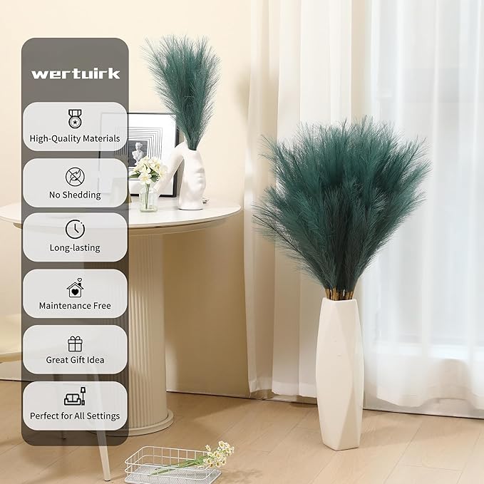 9 Stems Green Pampas Grass - 38 Inch Tall Pampas Grass Decor, Fluffy Artificial Pompas Floral for Vase Filler, Wedding, Party Farmhouse and Room Decor (Green)
