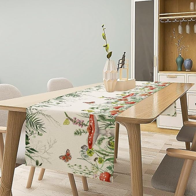 Watercolor Mushroom Table Runner, Boho Vintage Green Plant Butterfly Wildflower Eucalyptus Leaf Print Table Cover for Home Holiday Party Indoor Outdoor, 13x60inch