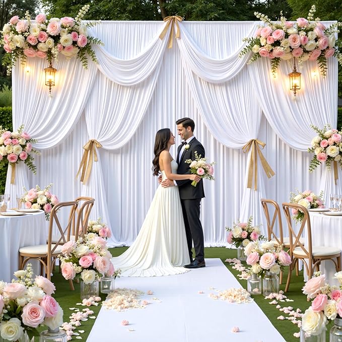 gogoparti 30x12 ft White Wrinkle-Free Backdrop Curtain for Weddings & Parties - 6 Panels (5x12 ft Each) for Birthday, Baby Shower, Halloween Photography Background