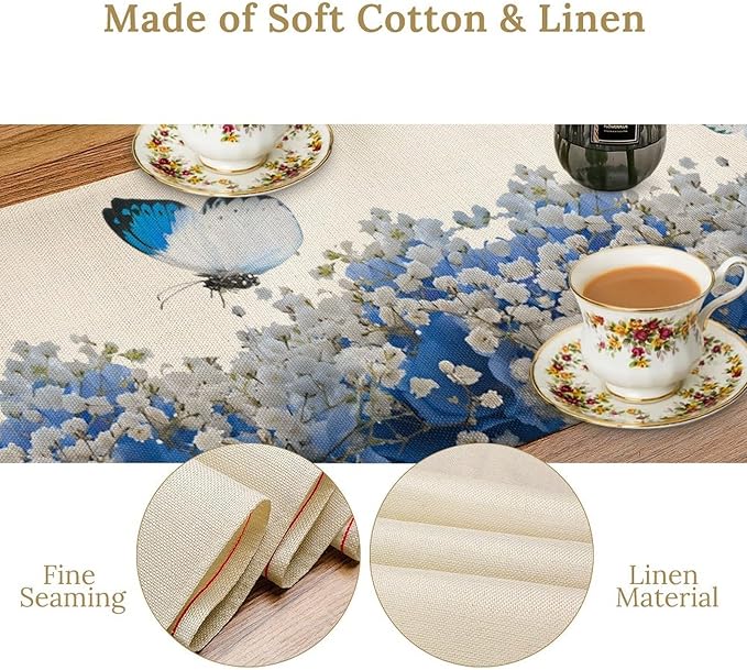 Butterfly Floral Table Runner, Blue White Hydrangea Flowers Bloom Spring Garden Theme Table Runner for Kitchen Dining Holiday Party Wedding, 13x108 Inch
