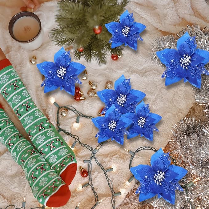 Boao 24 Pieces Christmas Artificial Glitter Poinsettia Flowers Xmas Flowers Wedding Christmas Tree New Year Ornaments(Royal Blue)