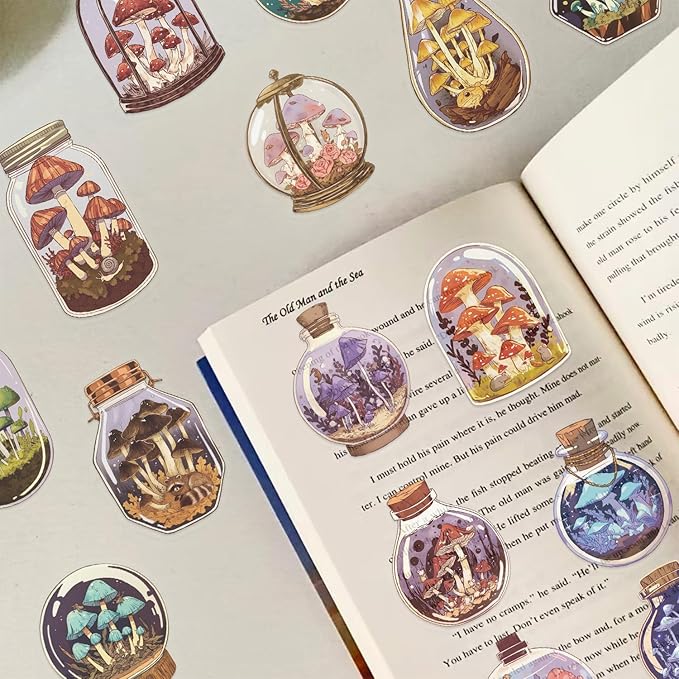 50 Pcs Vintage Mushroom Jar Stickers, Transparent Cartoon Aesthetic Stickers, Waterproof PET Vinyl Decals for Scrapbooking, Journaling, Laptop, Water Bottle, Phone Case Decoration