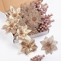 24Pcs Christmas Poinsettia Artificial Flowers and Glitter Berries Kit, 2 Styles Total 16Pcs Christmas Tree Flowers Ornaments, 8Pcs Christmas Tree Picks for Wedding Holiday Decorations, Rose Gold