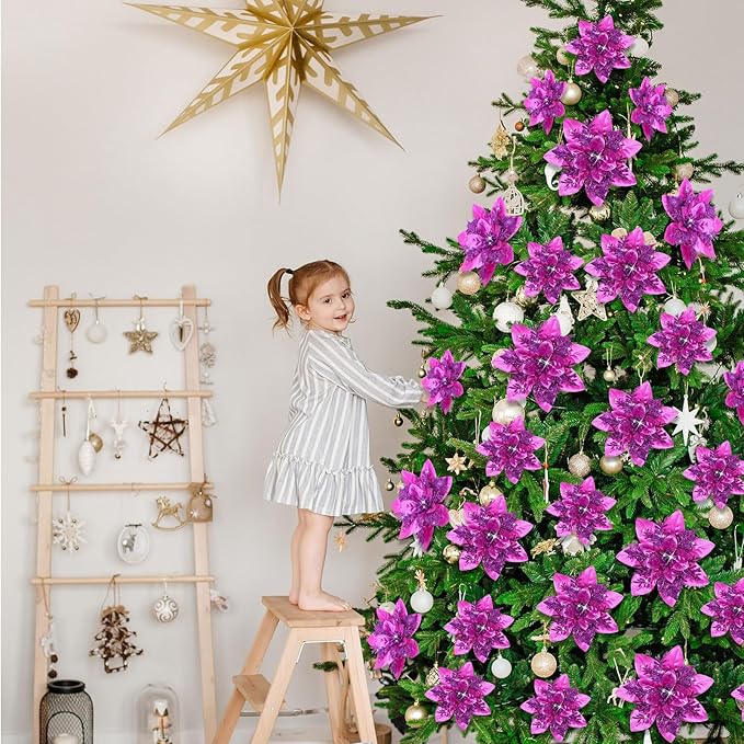 Geosar 24 Christmas Glitter Artificial Poinsettia Flowers Xmas Poinsettia Artificial Wedding Flowers Decorations Xmas Tree Ornaments with Clips for Party Favors, 6 Inch, 4 Inch, 3 Inch (Dark Purple)