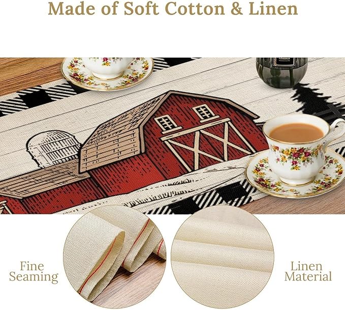 Rustic Farmhouse Table Runner Vintage Western Farm Cow Rooster Red Barn Cabin Country Lodge Dinner Runner for Home Kitchen Dinner Table Party Decoration 13x36in