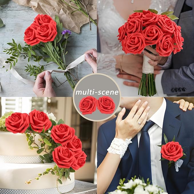 200PCS Red Artificial Flowers Roses Real Looking Foam Fake Roses with Leaves for DIY Wedding Bouquets Bridal Shower Party Decorations (Red, 200)