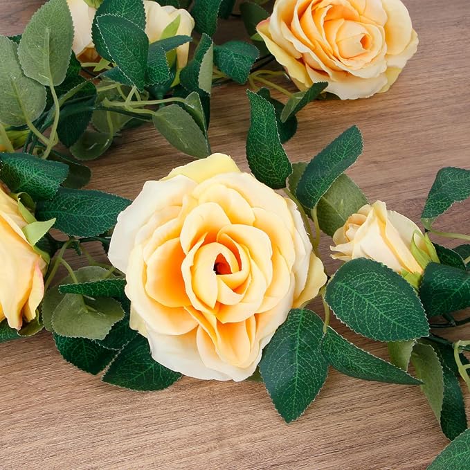 TELDRASSIL 4Pcs(26 FT) Artificial Rose Vine Fake Flower Garland Fake Silk Rose Hanging Vine for Wedding Party Background Arch Garden Background Decoration (Champagne)