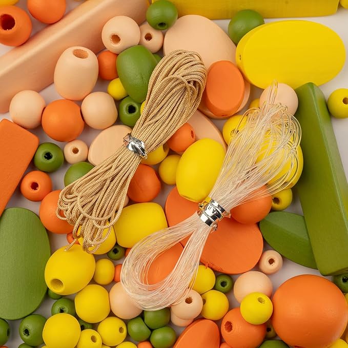 John Bead 90g Craft Beads Orange Green Yellow Light Peach Wood Beads with Elastic Nylon Cord