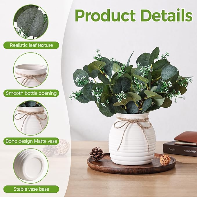 Artificial Eucalyptus in Vase, Fake plants for home decor, Ceramic White Vase with Greenery, Faux Decorative Plants, 20pcs Indoor Fake Eucalyptus Stems for Centerpiece Farmhouse Mantle Decor