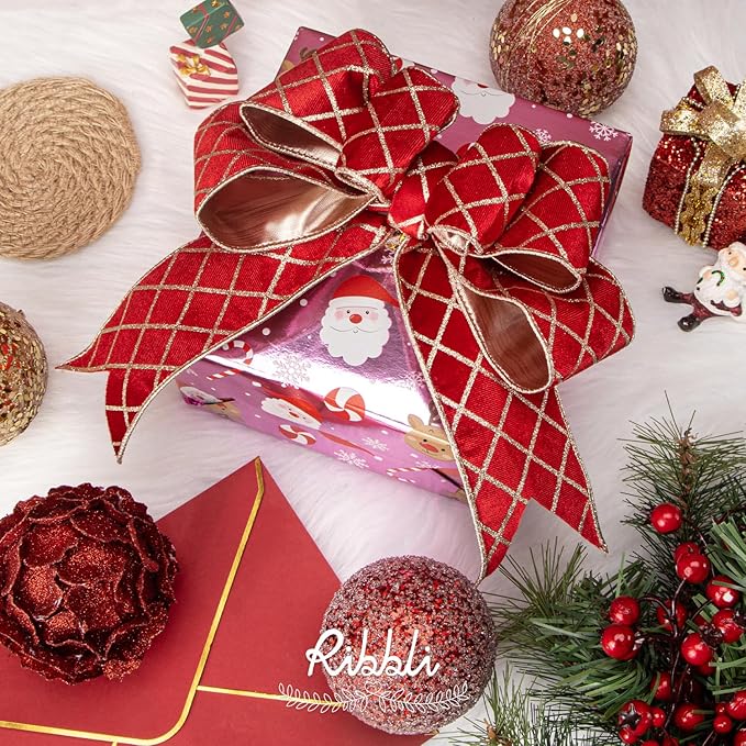 Ribbli Red Velvet Ribbon Wired with Glitter Diamond Grid 2-1/2 Inch Christmas Ribbon for Christmas Tree Decoration Big Bow Gift Wrapping Crafts Wreaths Garland Supplies - 10 Yards