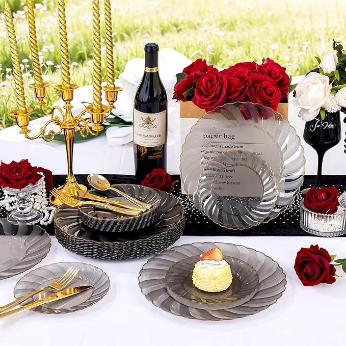 YOUBET 125PCS Clear Black Plastic Plates - Black and Gold Disposable Plates Include 50 Plate, 75 Gold Silverware for Wedding & Party & Birthday New Year