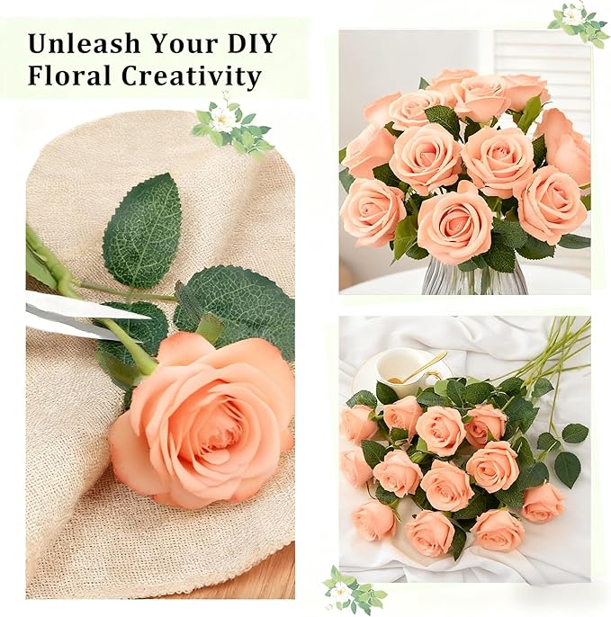 Tangerine Pink Roses Artificial Flowers 15 PCS, Fake Roses Silk Flowers with Long Stems, Faux Rose for Wedding Centerpieces, Home Decor, Party Decor, DIY Bouquet (Tangerine Pink)