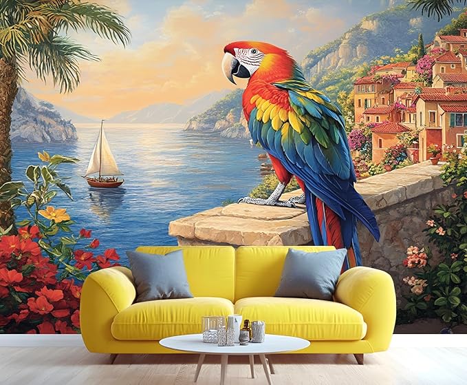 KIREUPA Macaw Parrot Wall Mural, Coastal Mediterranean Parrot 3d Wall Murals, Sunset Seaside Village Scene Wallpaper Mural, for Living Room Bedroom Large Wallpaper Indoor Decor 177.16" W x120 H
