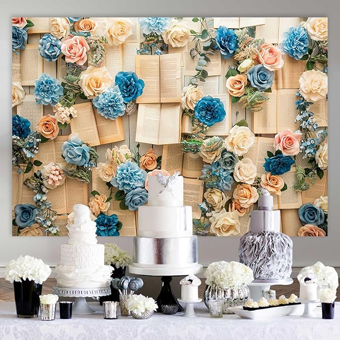 7x5FT Vintage Books Wall Backdrop Pink and Blue Rose Spring Flowers Books Page Backdrop for Kid Girls Birthday Party Decor Baby Shower Wedding Decoration Supplies KUBDJ1094