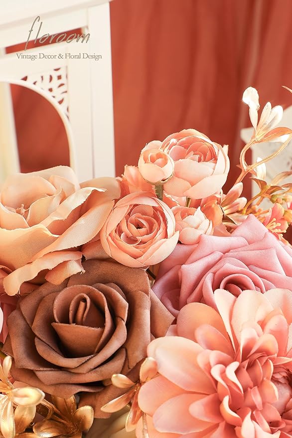 Floroom Terracotta Artificial Flowers Burnt Orange Fake Roses Dahlias and Greenery Combo Box Set for DIY Wedding Bouquets Bridal Shower Centerpieces Floral Arrangements Party Tables Home Decorations