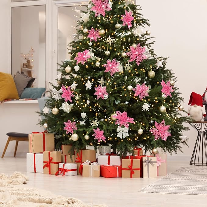 Boao Pink 24 Pieces Poinsettia Flower Christmas Glitter Artificial Poinsettia with Clips Christmas Tree Ornament Decorations for DIY Xmas Wreath Holiday Home Party Decor, 3/4/6 Inches