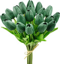 Mandy's Artificial Tulips 20 Stems Dark Green PU Faux Flowers for Thanksgiving and Christmas Decorations Wedding Home Decor 13.5 Inch