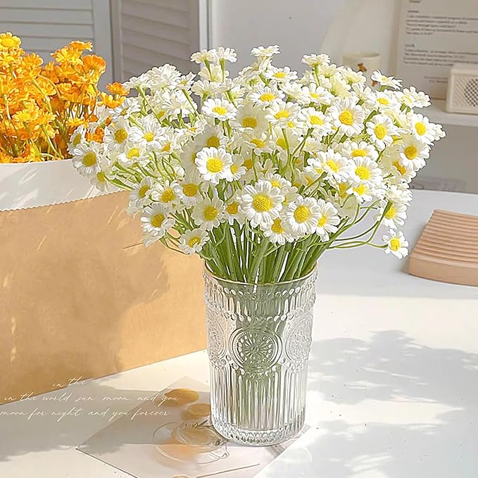 Artificial Daisies Flowers, 2 Bouquets (12 Stems) Small Faux Daisy Décor, Plastic Flowers for Garden, Porch, Window Box, Home, Wedding Decorations (Vase Not Inclouded)