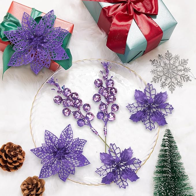 22Pcs Christmas Poinsettia Artificial Flowers and Glitter Berries Stems Kit, 16Pcs Glitter Christmas Tree Flowers Ornaments and 6 Pack Christmas Tree Picks for Wedding Xmas Holiday Decorations(Purple)