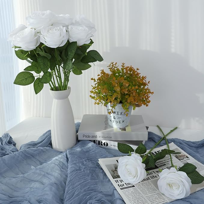12pcs Roses Artificial Flowers White Silk Roses with Long Stems Fake Flowers for Wedding Bouquet Centerpices Decorations Party Bridal Baby Shower Home Decor