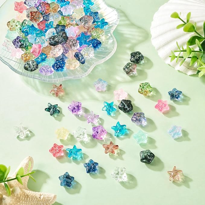 110Pcs 14mm Gradient Glass Star Beads Colorful Starfish Crystal Beads Clear Bowknot Pentagram Charm Beads Ocean Beach Craft Beads Loose Spacer Beads for DIY Bracelet Earring Jewelry Making