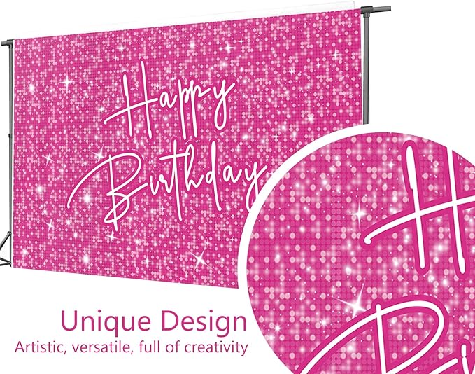 Happy Birthday Decoration for Women Shiny Pink Neon Party Backdrop Glitter Banner for Girl Princess Party Table Wall Decorations Pink Sparkle Birthday Photo Booth Studio Background 7x5ft