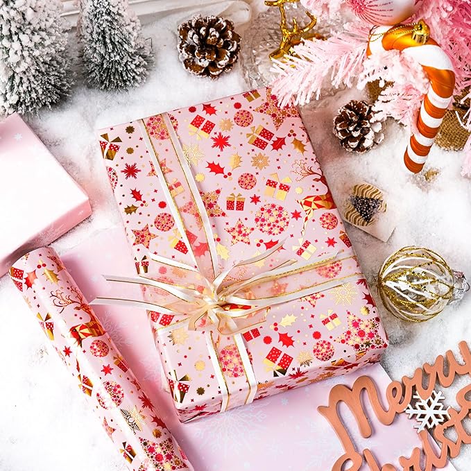 Yarcony Pink Christmas Gift Wrapping Paper, Reindeer Wrapping Paper, Elegant Vintage Pink and Gold Deer Girls Holiday Gift Wrap with Metallic Shine for Christmas Presents, Party (17Inch x 33Feet)