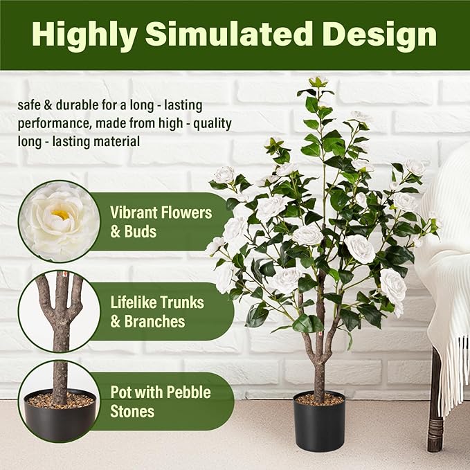Artificial Camellia Tree,2Pack 3.6FT Faux White Camellia Plants in Pots,Lifelike Artificial Flower Trees for Indoor Outdoor Home Decor,Realistic Blooming Faux Plants for Living Room Porch Patio Office