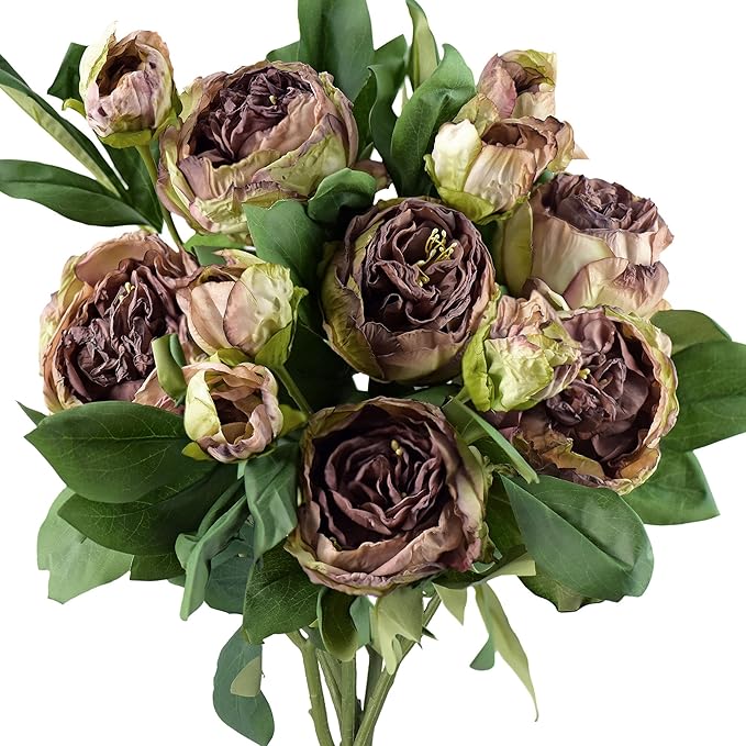 FiveSeasonStuff Vintage Walnut Brown Peonies – Realistic Artificial Silk Flowers with Dry-Look Petals, 6 Stems for Rustic Home & Wedding Floral Arrangements