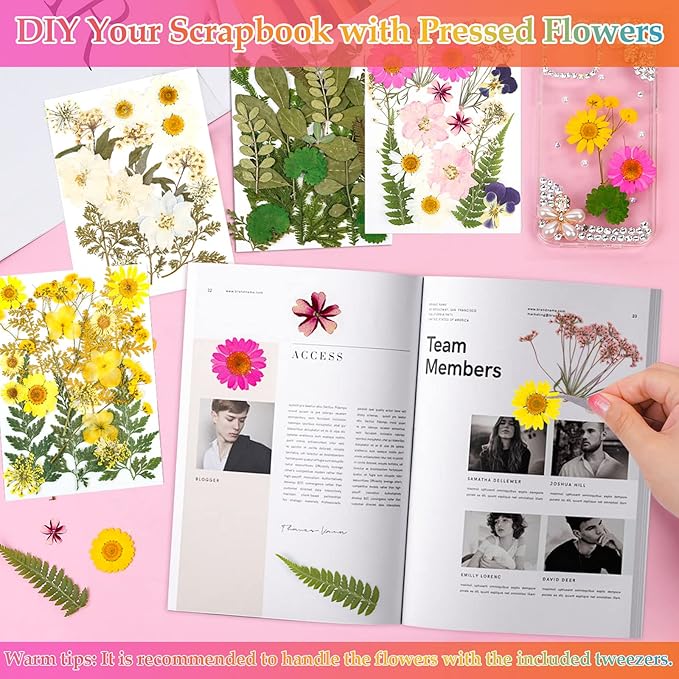 Dried Flowers for Resin, Real Nature Dried Pressed Flower Leaves Bulk with Tweezers for DIY Nail Art Cards Scrapbooking Crafts Jewelry Making Epoxy Resin Molds Candle Accessories Floral Decors