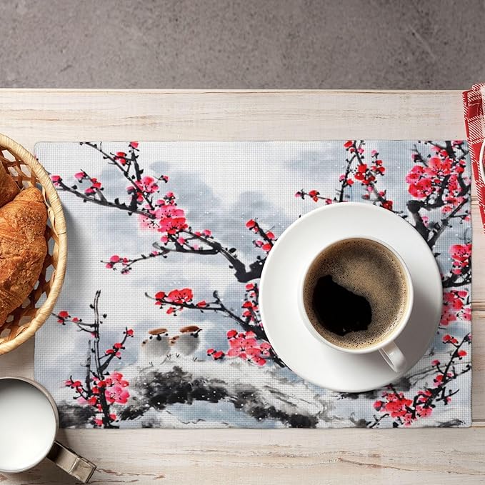 Ink Painting Cherry Blossoms Placemats Set of 4,Vintage Chinese Art Ink Painting Flower Linen Placemats Decoration for Family Dinners, Party, Holidays, Gathering 6 PCS