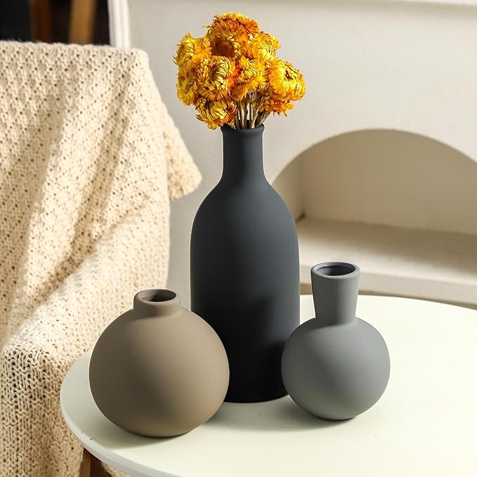 Ceramic Vase Set of 3 | Neutral Vases Home Decor | Modern Flower Pottery Vases Rustic Farmhouse Vase for Table Entryway Mantel Centerpiece Bookshelf Living Room Bathroom Bedroom -Multicolor Large