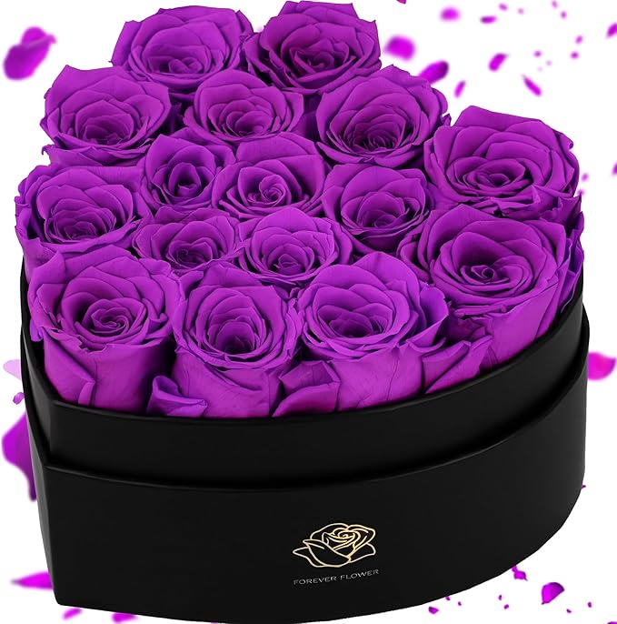 16-Piece Forever Flowers Heart-Shaped Box – Real Immortal Preserved Roses Lasting a Year, Perfect for Birthday, Girlfriend, Mother, or Wife, Valentine Day Gift for Her - Violet