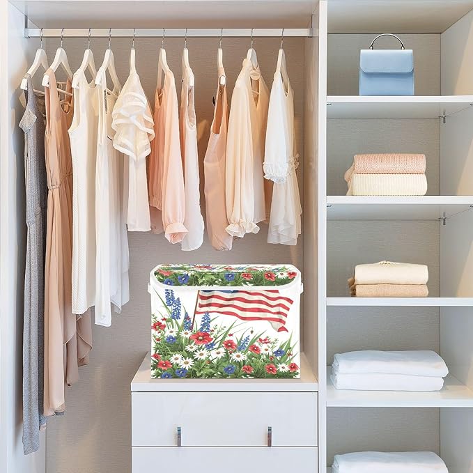 July Fourth Baskets Collapsible Storage Bins with Lids, Wildflowers American Flag Storage Boxes Clothes Baskets for Organizing