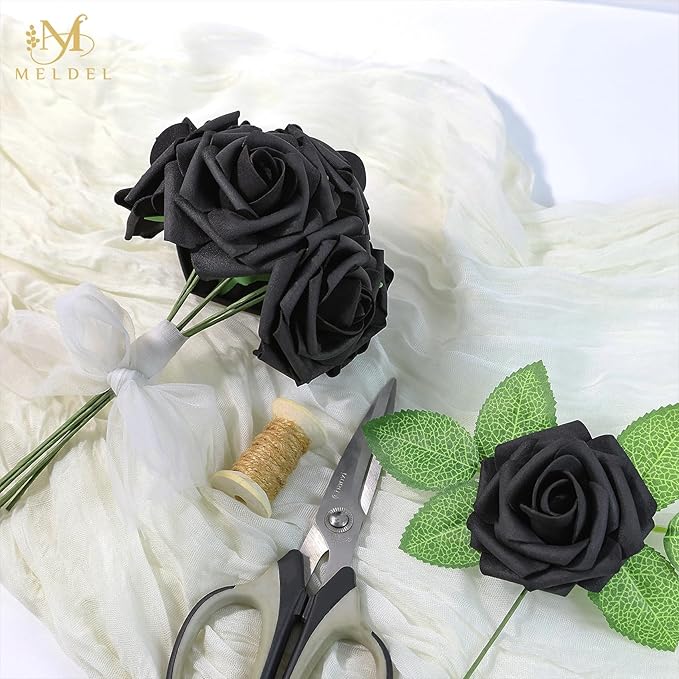 Meldel Artificial Flower 50pcs Real Touch Black Rose Fake Foam Roses with Stems for DIY Wedding Bouquets Gifts Bulk Crafts Faux Floral Centerpieces Arrangements Party Tables Home Halloween Decorations