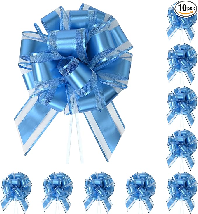 10-Pack Turquoise Blue Pull Bows for Gift Wrapping - 6 Inch Reusable Ribbon Bows, Large Instant Floral Decor Bows for Wedding, Christmas, Birthday Decor, Gift Basket & Party Decorations