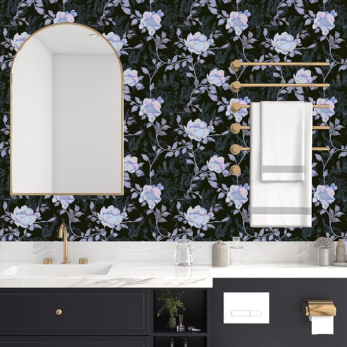 Black White Blue Floral Peel and Stick Wallpaper Flowers Contact Paper 17.5"x118" Self Adhesive Waterproof Vintage Dark Floral Wall Paper for Shelf Liner Cabinet Decor