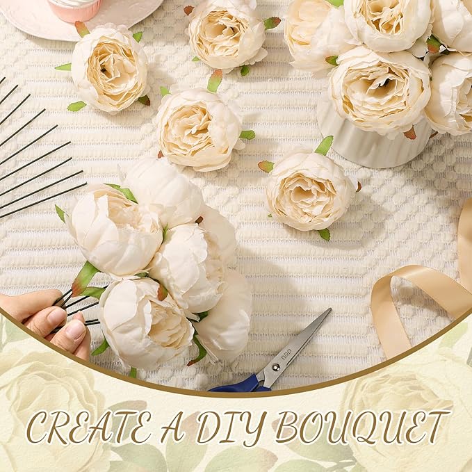 50 Pcs Artificial Peony Flower Bulk 3.5 Inch Silk Peony Flowers Heads with Stems Realistic Fake Roses for DIY Wedding Party Craft Bridal Bouquets Table Centerpieces Vase Home Decor(Cream‌)