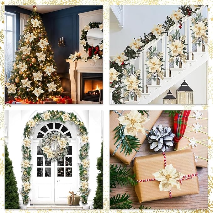 24 Pcs Christmas Poinsettia Flowers Artificial with Clips, 5.9" Christmas Decor Glitter Poinsettia Flowers for Christmas Tree New Year Wedding Party Wreath DIY Garland Decor (Gold)