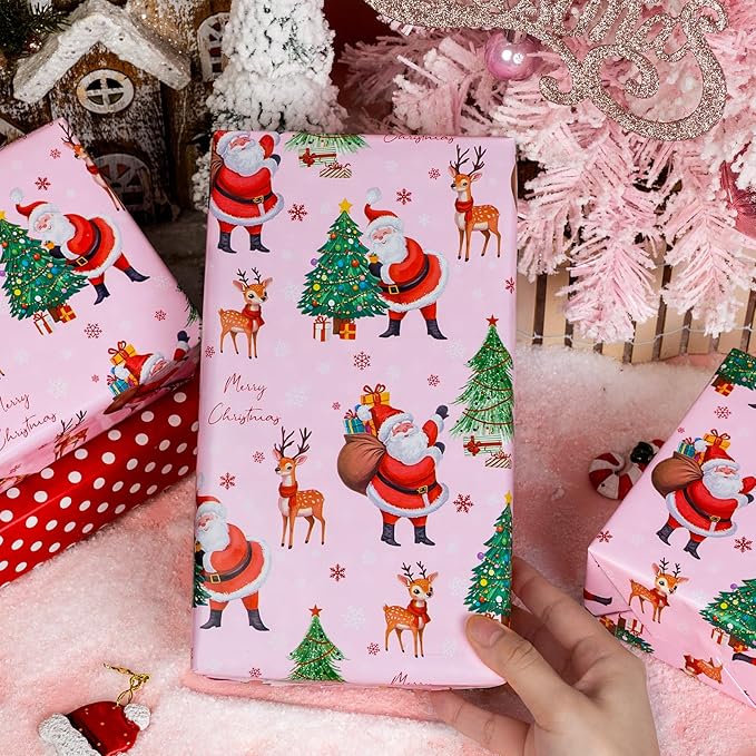 Yarcony Pink Christmas Wrapping Paper, Santa Gift Wrapping paper, Reversible Vintage Santa Claus, Christmas Tree & Reindeer Festive Holiday Gift Wrap for Present Packaging, Craft (17 Inch X 33 Feet)