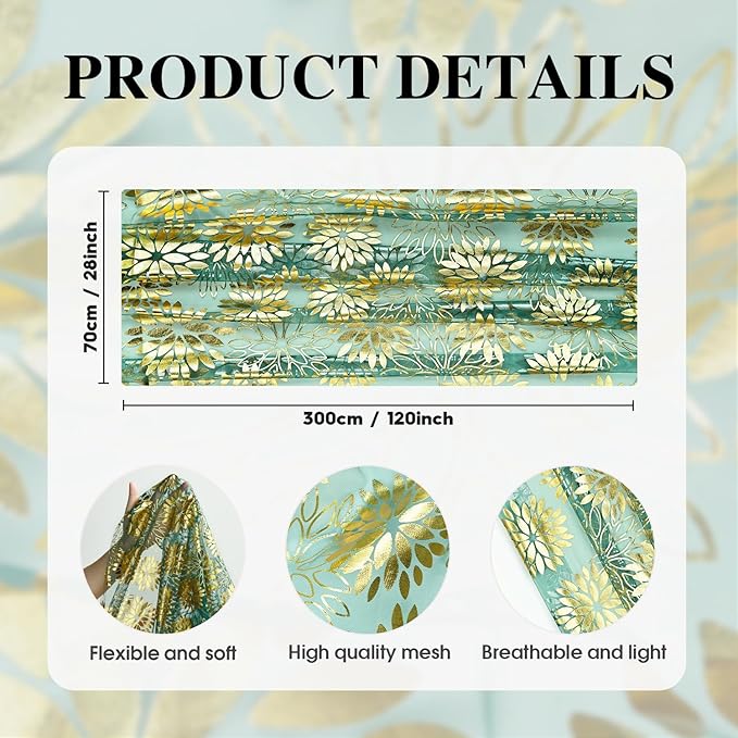 Artoid Mode Green Gold Dahlia Flower Gauze Table Runner 120 Inch 10FT, Glitter Metallic Foil Seasonal Sheer Dining Holiday Table Decor for Home Party