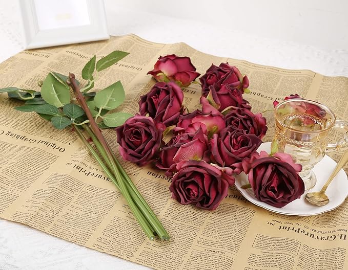 IPOPU Burgundy Roses Artificial Flowers 12PCS Roses Flowers Heads Dried Silk Flowers Burgundy Flowers Artificial for Decorations with Single Stems for Floral Arrangements Wedding Flower