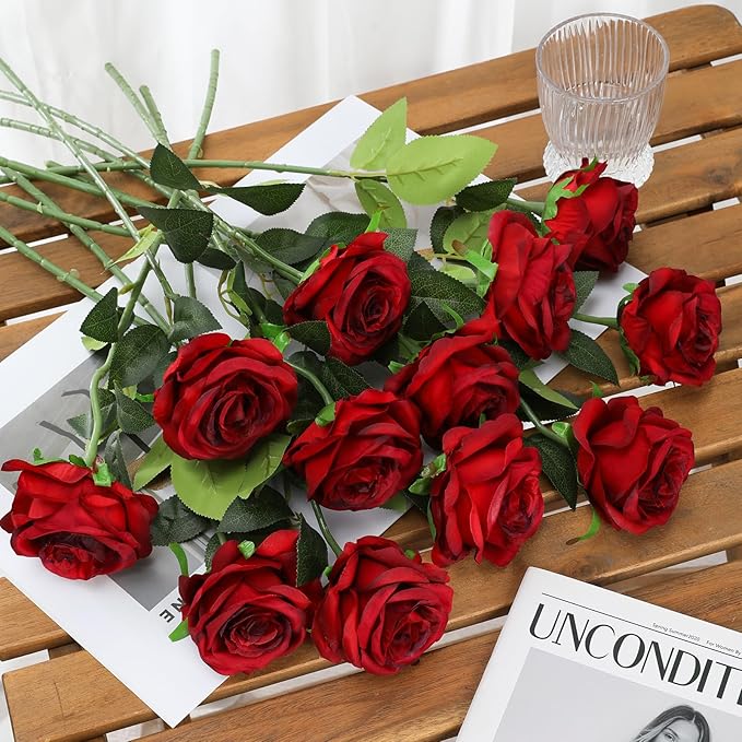 Tifuly Red Roses Artificial Flowers - 12 pcs Realistic Long Stem Fake Roses Faux Silk Flowers for DIY Bouquets Wedding Centerpieces Arrangements Home Party Decor（Burgundy）