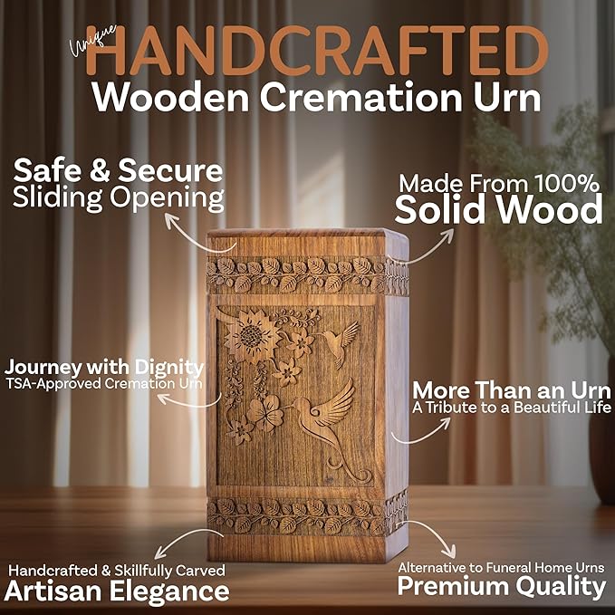 INTAJ Handcarved Rosewood Hummingbird Oversized Urn for Human Ashes - 640 lbs Companion Capacity - Wooden Cremation Urn Box for Burial Funeral Decorative Memorial Casket Floral Carving